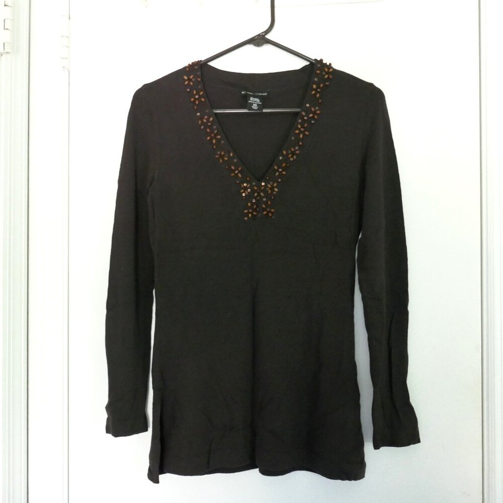vintage Y2K NY & Company v-neck silk mocha brown beaded tunic sweater size XS